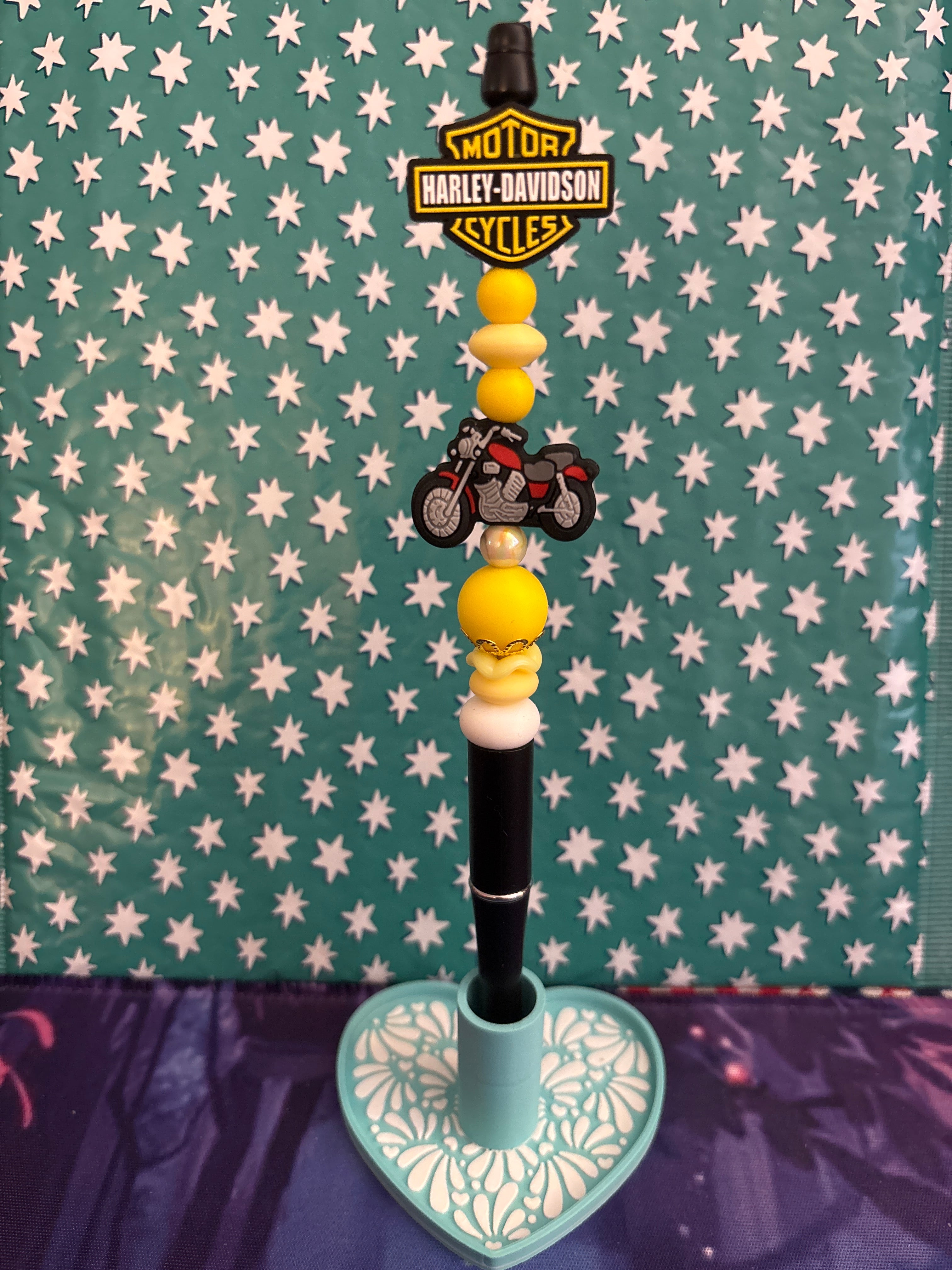 Yellow Harley Davidson w/Red Motorcycle Beaded Pen #2