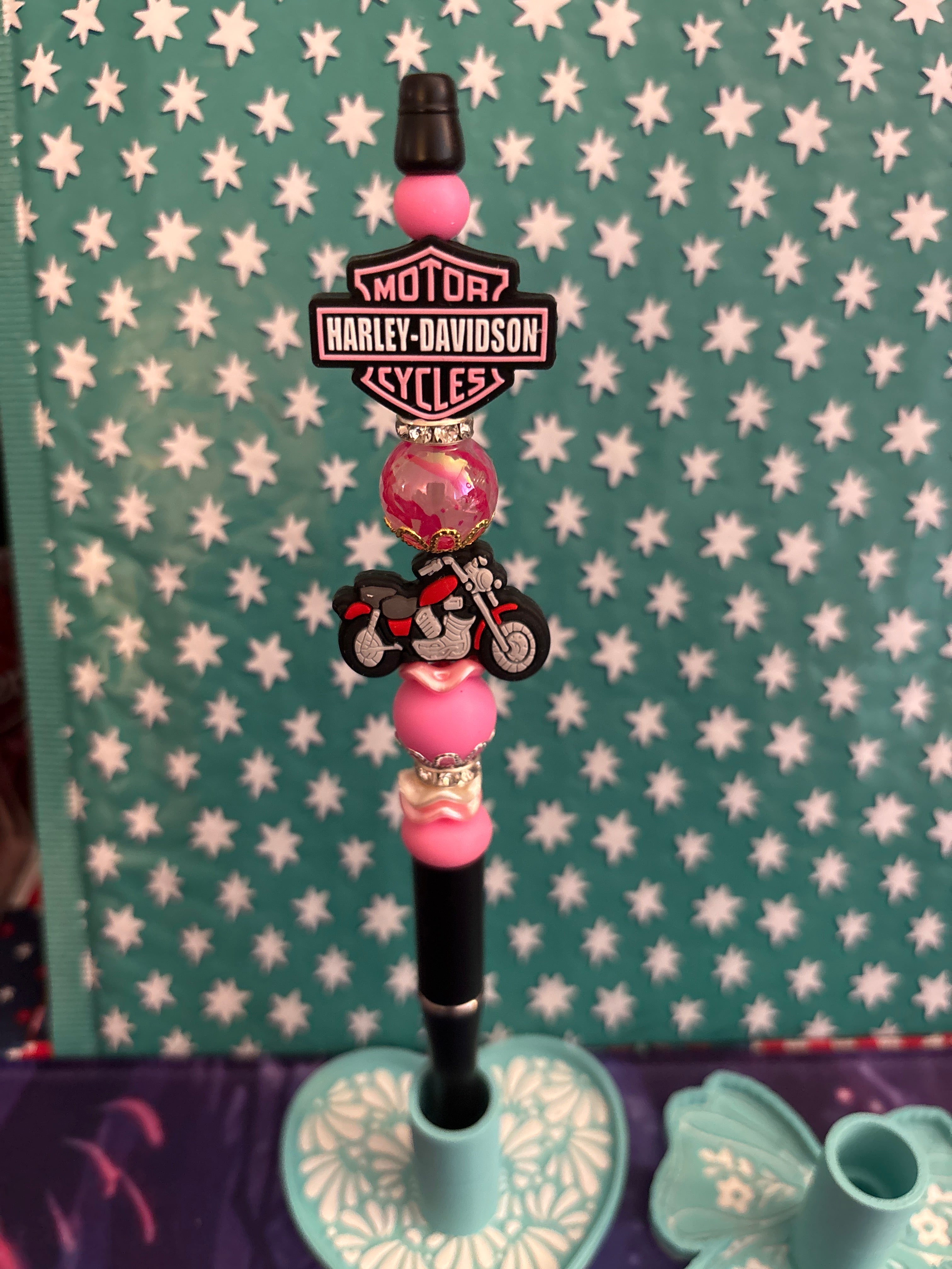 Pink Harley Davidson w/motorcycle beaded pen #11